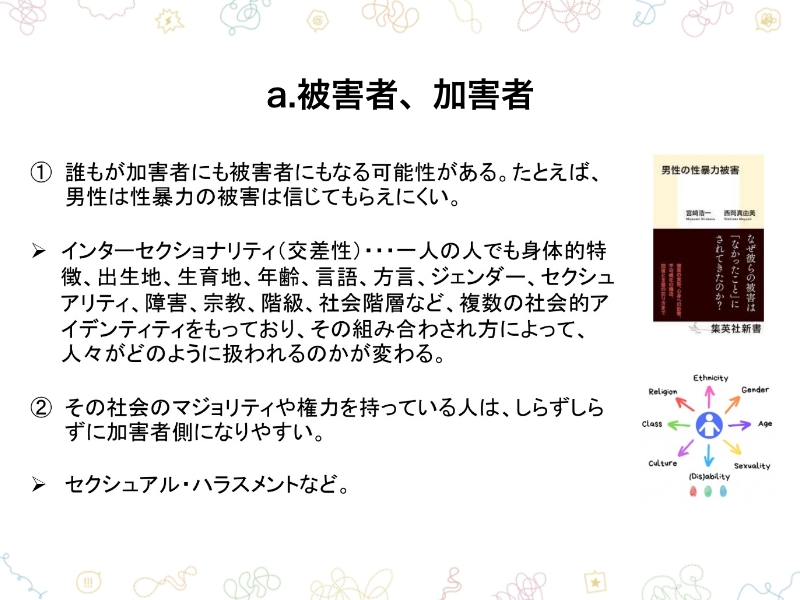 a.被害者、加害者①誰もが加害者にも被害者にもなる可能性がある。たとえば、男性は性暴力の被害は信じてもらえにくい。 インターセクショナリティ（交差性）...一人の人でも身体的特徴、出生地、生育地、年齢、言語、方言、ジェンダー、セクシュアリティ、障害、宗教、階級、社会階層など、複数の社会的アイデンティティをもっており、その組み合わされ方によって、人々がどのように扱われるのかが変わる。②その社会のマジョリティや権力を持っている人は、しらずしらずに加害者側になりやすい。 セクシュアル・ハラスメントなど。