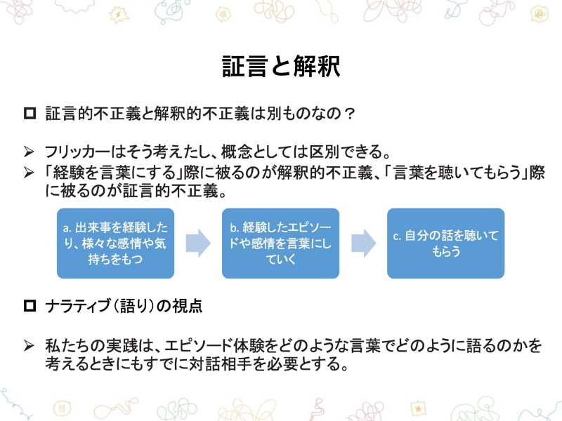証言と解釈　・証言的不正義と解釈的不正義は別ものなの？ フリッカーはそう考えたし、概念としては区別できる。「経験を言葉にする」際に被るのが解釈的不正義、「言葉を聴いてもらう」際に被るのが証言的不正義。・ナラティブ（語り）の視点 私たちの実践は、エピソード体験をどのような言葉でどのように語るのかを考えるときにもすでに対話相手を必要とする。